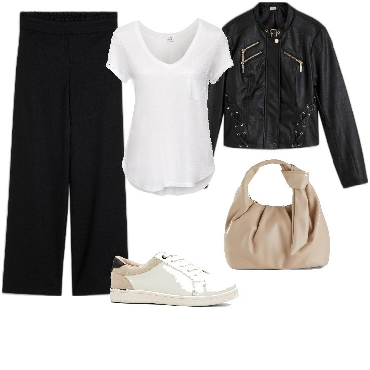 Outfit donna - Aria di Primavera. Stile Trendy per Serata fuori. Abbinamento con t-shirt, borse a mano, blazer, sneakers, pantaloni a palazzo.