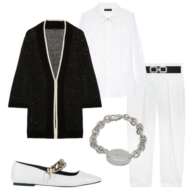 Outfit donna - Black and White. Stile Casual chic per Cerimonia. Abbinamento con ballerine, braccialetti, cinture, cardigans, pantaloni, camicie.