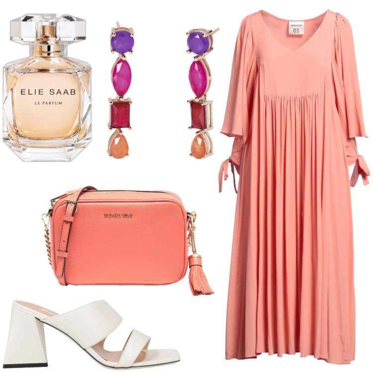 Outfit donna - L\'amica degli sposi. Stile Glamour per Cerimonia. Abbinamento con vestiti midi/longuette, sandali in pelle, borse a tracolla, profumi, orecchini.