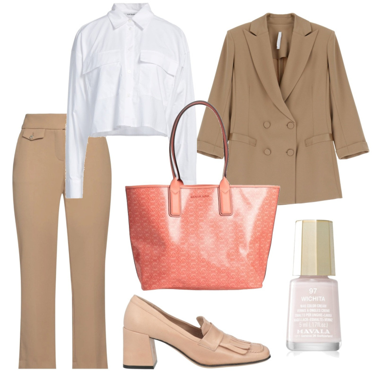 Outfit donna - La borsa in primo piano. Stile Bon Ton per Ufficio. Abbinamento con camicie, mocassini, pantaloni, borse a mano, smalti, blazer.