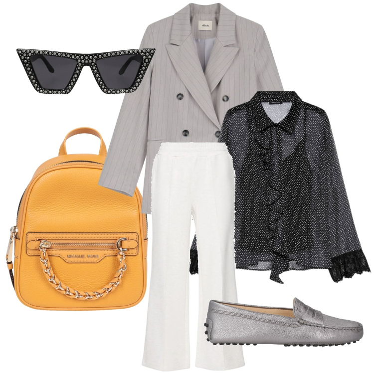 Outfit donna - La borsa in primo piano. Stile Chic per Ufficio. Abbinamento con mocassini, zaini, occhiali da sole, blazer, camicie, pantaloni.