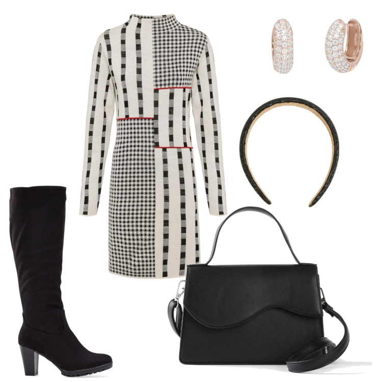 Outfit donna - Astratta di giorno. Stile Glamour per Tutti i giorni. Abbinamento con stivali, vestiti, borse a tracolla, cerchietti, orecchini.