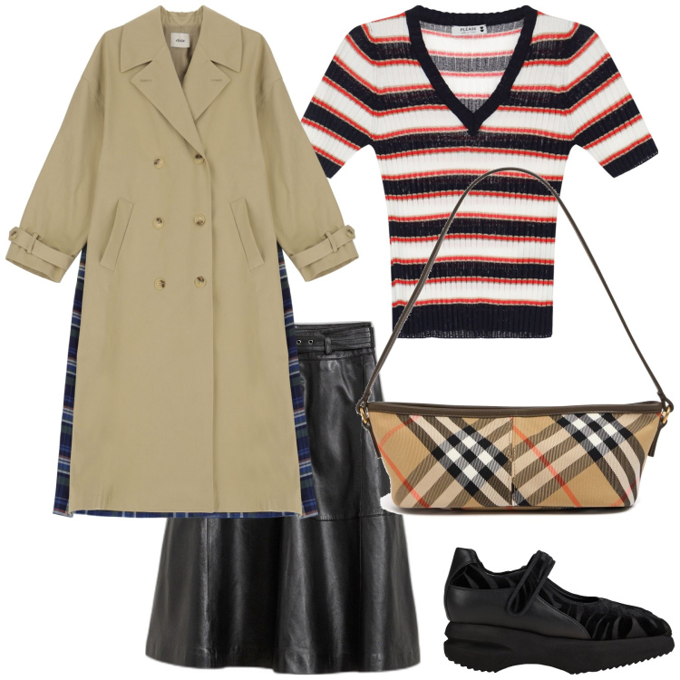 Outfit donna - Total look. Stile Urban per Ufficio. Abbinamento con gonne, décolleté, maglieria, trench, borse a mano.