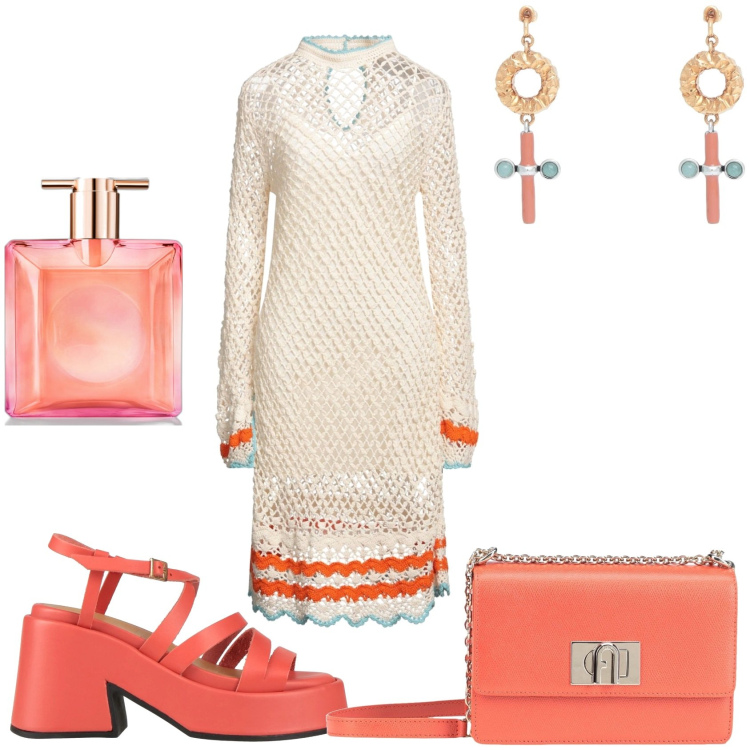 Outfit donna - Volevo la maglia traforata. Stile Glamour per Tutti i giorni. Abbinamento con vestiti midi/longuette, borse a tracolla, orecchini, sandali in pelle, profumi.