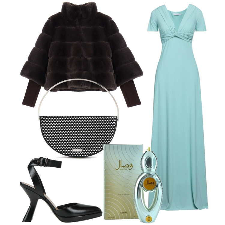 Outfit donna - Color Tiffany. Stile Chic per Cerimonia. Abbinamento con vestiti lunghi, décolleté, profumi, blazer, pochette.