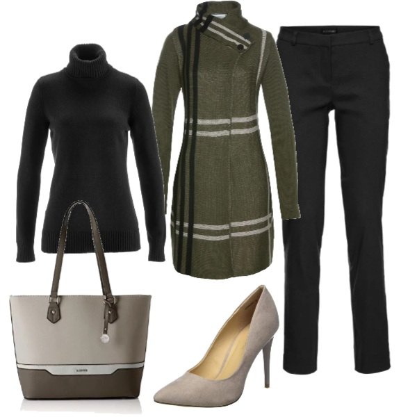 Outfit donna - Lunedì. Si ricomincia.. Stile Trendy per Ufficio. Abbinamento con pantaloni, cappotto in in maglia, blazer collo a dolcevita, shopping bag verde e kaki, scarpe col tacco grigio.