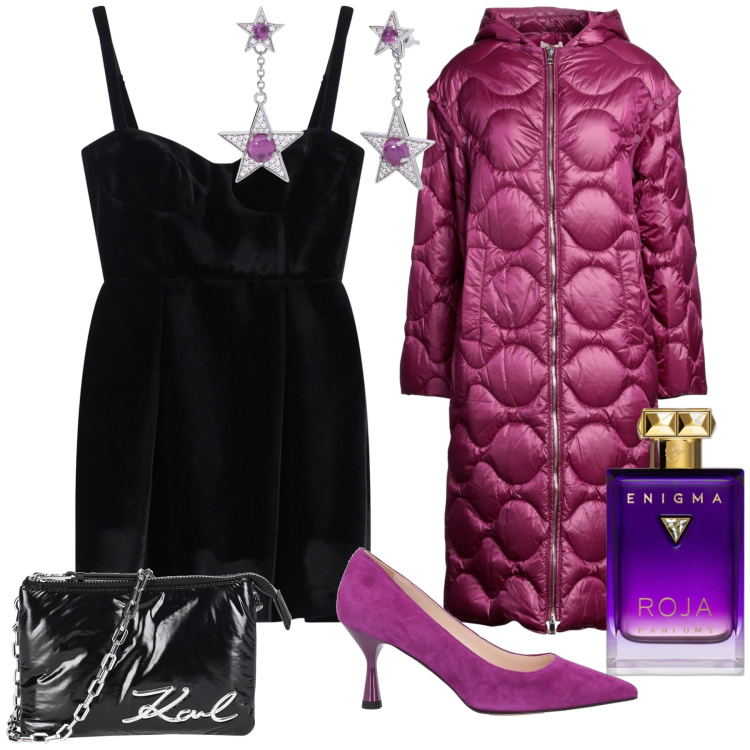 Outfit donna - Piumino lungo serale. Stile Bon Ton per Serata fuori. Abbinamento con piumini, borse a mano, décolleté, profumi, orecchini, vestiti corti.