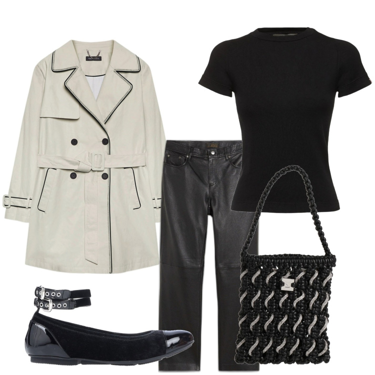 Outfit donna - Aperitivo serale. Stile Casual per Tutti i giorni. Abbinamento con pantaloni, ballerine, borse a mano, trench, t-shirt.