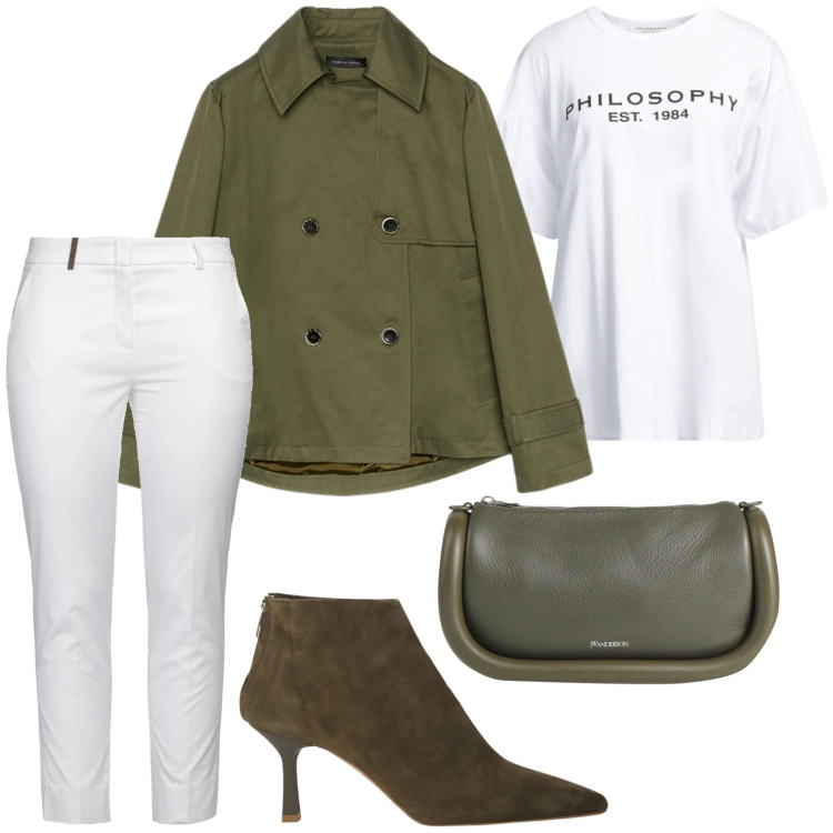 Outfit donna - Stile grintoso. Stile Casual per Tutti i giorni. Abbinamento con pantaloni, t-shirt, borse a mano, stivaletti, trench.