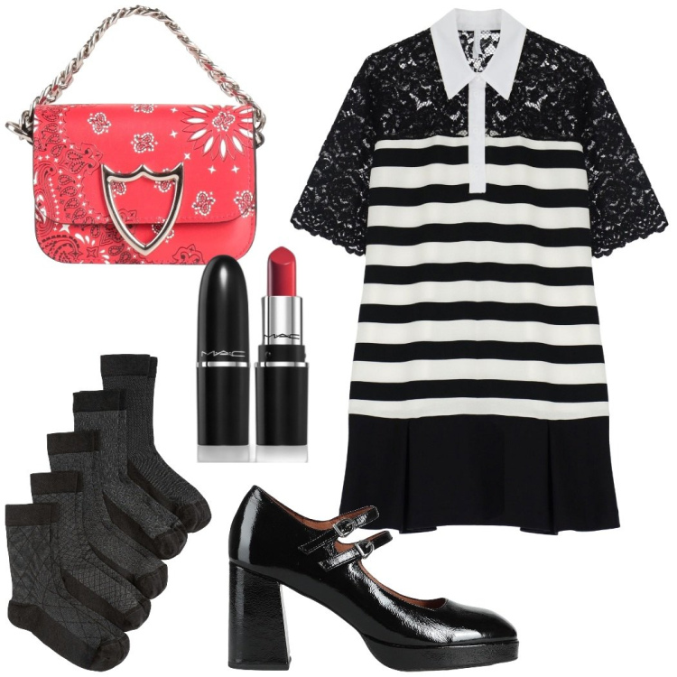 Outfit donna - Festa da amici. Stile Glamour per Serata fuori. Abbinamento con calzini, décolleté, borse a mano, rossetti, vestiti corti.
