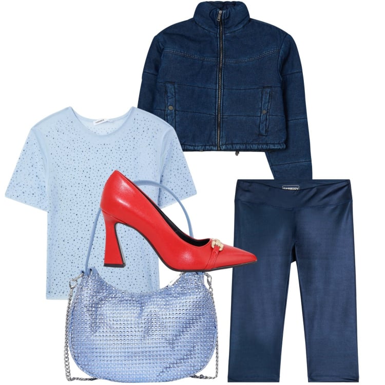 Outfit donna - Tacchi e jeans. Stile Basic per Serata fuori. Abbinamento con blazer, t-shirt, borse a spalla, décolleté, pantaloni.