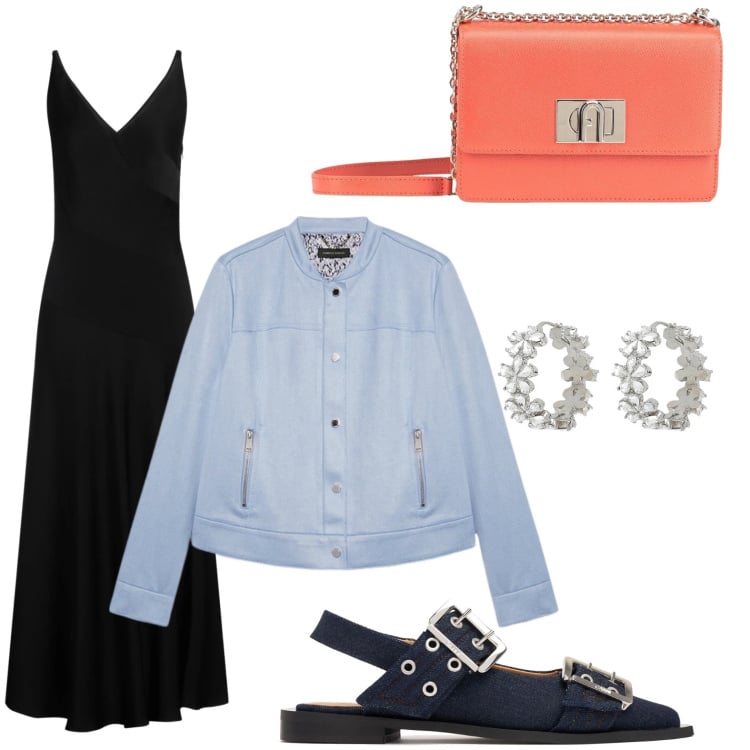 Outfit donna - Le ballerine con fibbia. Stile Glamour per Serata fuori. Abbinamento con vestiti lunghi, orecchini, borse a tracolla, blazer, ballerine.