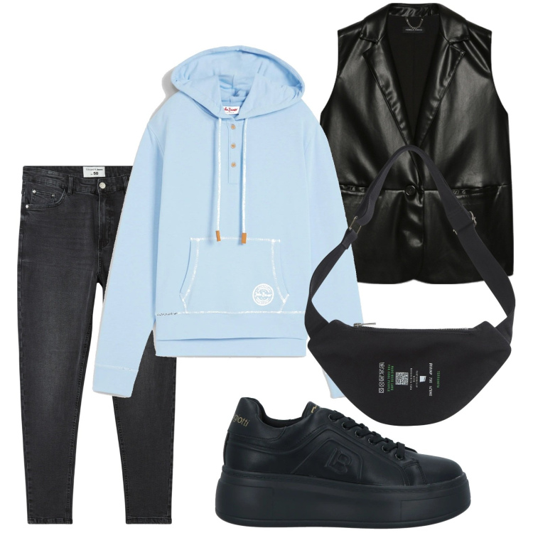 Outfit donna - Comoda in città. Stile Casual per Tutti i giorni. Abbinamento con felpe con cappuccio, sneakers, marsupi, jeans skinny, gilet.