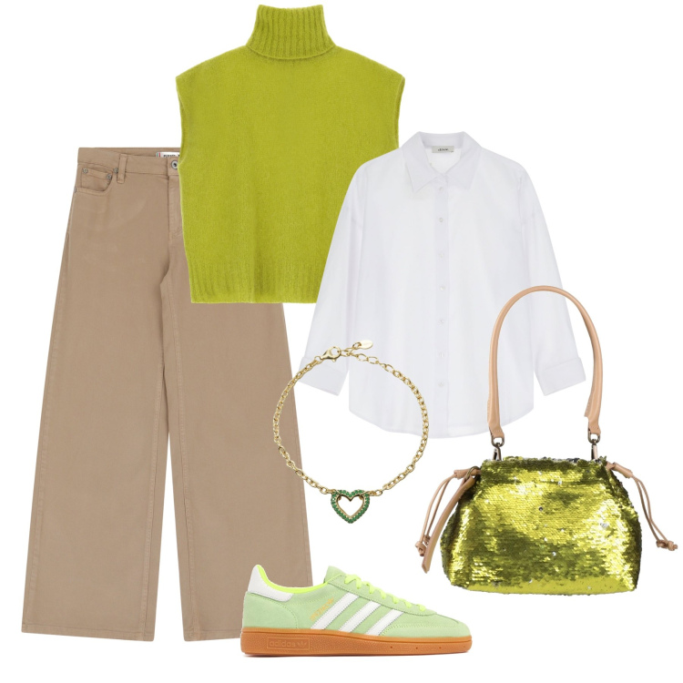 Outfit donna - Paillettes di giorno. Stile Glamour per Tutti i giorni. Abbinamento con borse a mano, braccialetti, pantaloni, camicie, gilet, sneakers.