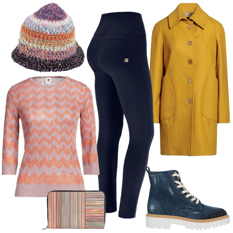 Outfit donna - Outfit multicolor. Stile Urban per Scuola/Università. Abbinamento con stivaletti, cappotti, cappelli, portafogli, pullovers, pantaloni skinny.