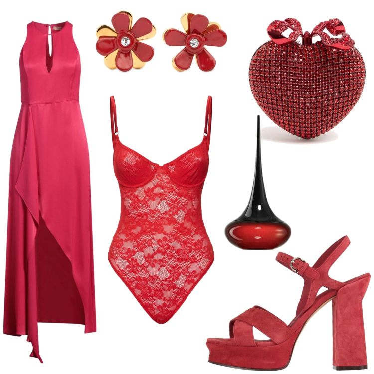 Outfit donna - Total look #2071074. Stile Sexy per Serata fuori. Abbinamento con vestiti lunghi, sandali in pelle, profumi, orecchini, body, pochette.