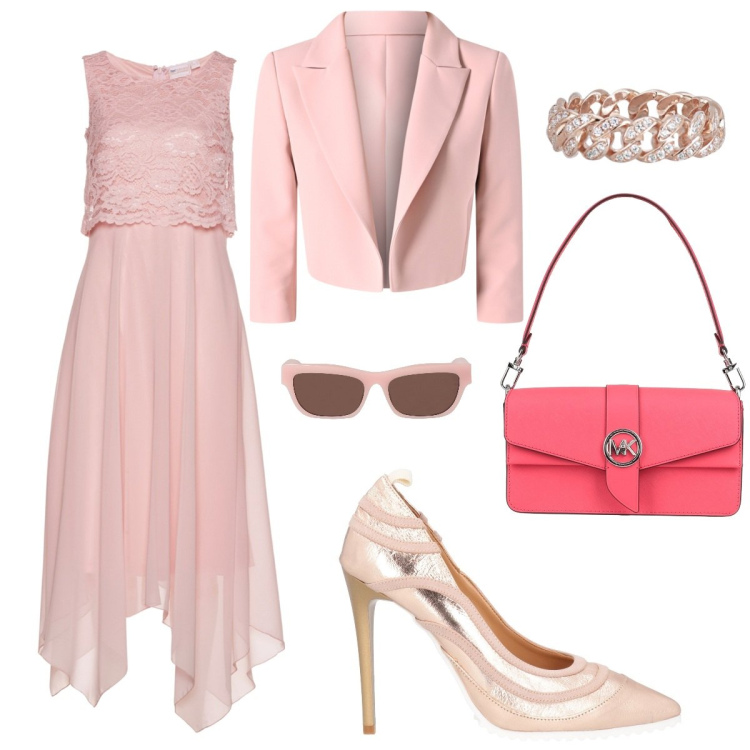 Outfit donna - Pastello rosa. Stile Romantica per Cerimonia. Abbinamento con vestiti midi/longuette, décolleté, occhiali da sole, borse a mano, anelli, blazer.