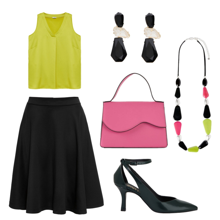 Outfit donna - Party di Primavera. per Serata fuori. Abbinamento con gonne, borse a tracolla, orecchini, décolleté, top, collane.