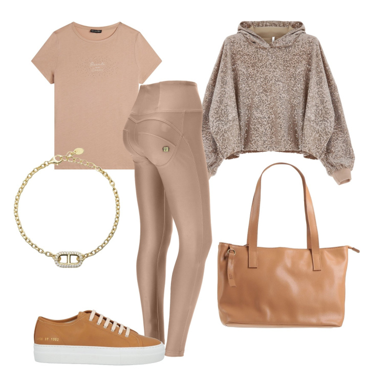 Outfit donna - Sportiva oro. Stile Casual per Tutti i giorni. Abbinamento con borse a mano, sneakers, braccialetti, felpe con cappuccio, pantaloni skinny, t-shirt.