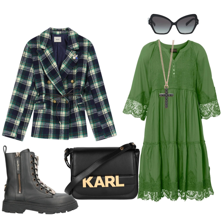 Outfit donna - Il mojto ci sta d\' incanto!. Stile Rock per Tutti i giorni. Abbinamento con vestiti chemisier, borse a tracolla, anfibi, occhiali da sole, collane, blazer.