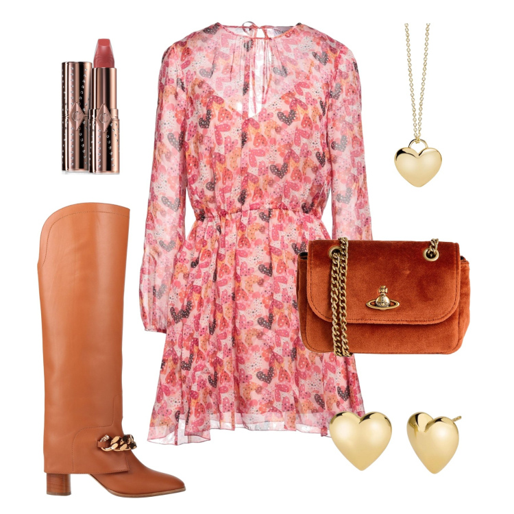 Outfit donna - Boho primavera. Stile Boho per Serata fuori. Abbinamento con stivali, vestiti corti, borse a spalla, rossetti, orecchini, collane.