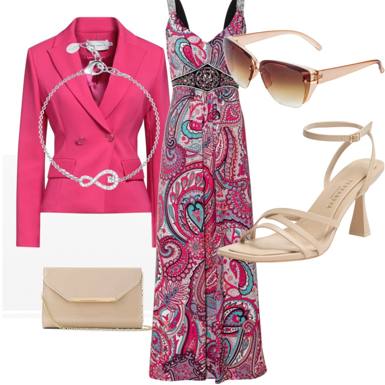 Outfit donna - Festa di Matrimonio. Stile Chic per Cerimonia. Abbinamento con vestiti lunghi, pochette, occhiali da sole, blazer, sandali col tacco, braccialetti.