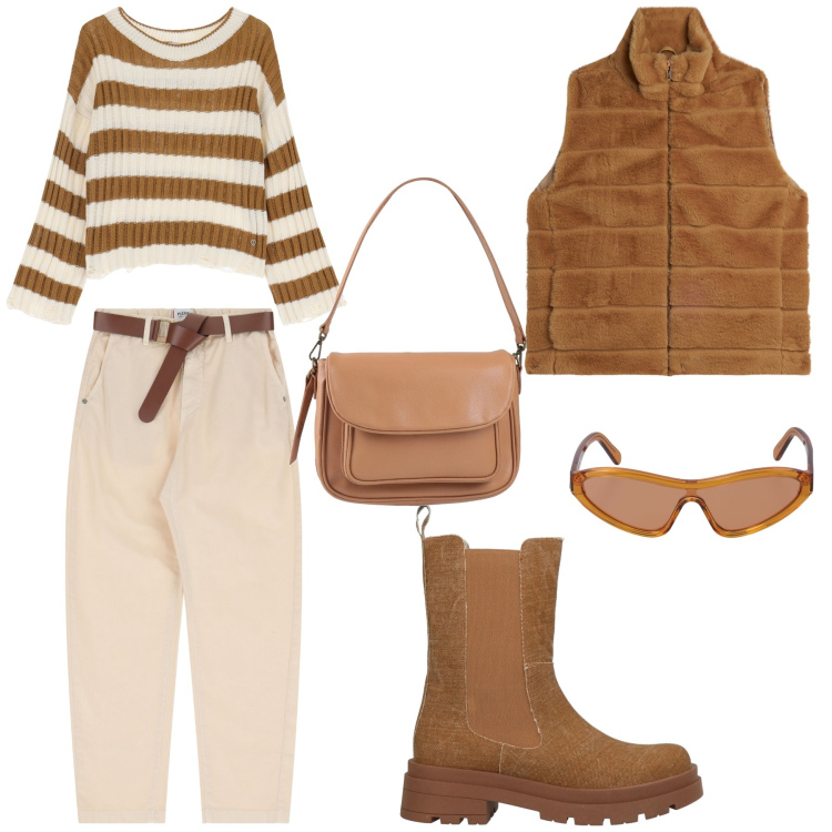 Outfit donna - Domenica fuori porta. Stile Sporty chic per Tutti i giorni. Abbinamento con stivaletti chelsea, borse a spalla, maglieria, pantaloni chino, gilet, occhiali da sole.