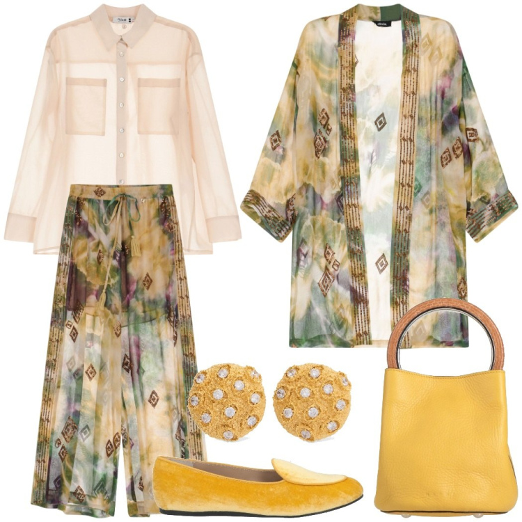 Outfit donna - Il completo fantasia leggero. Stile Chic per Cerimonia. Abbinamento con borse a mano, mocassini, camicie, pantaloni a palazzo, trench, orecchini.