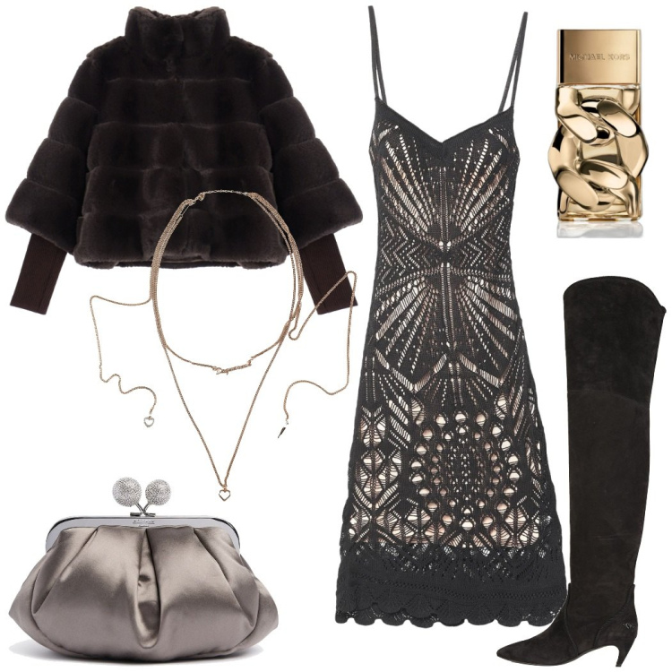 Outfit donna - Serata evento. Stile Sexy per Serata fuori. Abbinamento con vestiti midi/longuette, stivali, collane, profumi, blazer, pochette.
