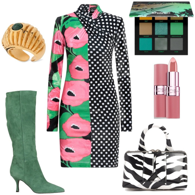 Outfit donna - Festa di carnevale glamour. Stile Glamour per Serata fuori. Abbinamento con stivali, vestiti corti, ombretti, rossetti, borse a mano, anelli.