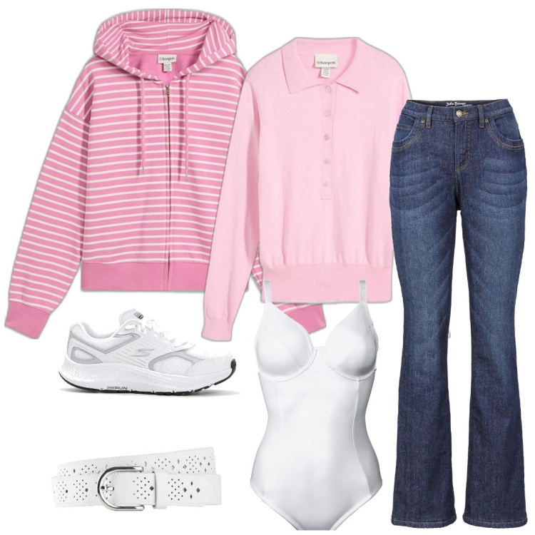 Outfit donna - Total look #2071107. Stile Casual per Tutti i giorni. Abbinamento con jeans bootcut, body, polo, felpe con cappuccio, sneakers, cinture.