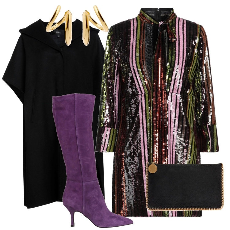 Outfit donna - Total look #2071110. Stile Glamour per Serata fuori. Abbinamento con cappe, stivali, vestiti corti, orecchini, pochette.