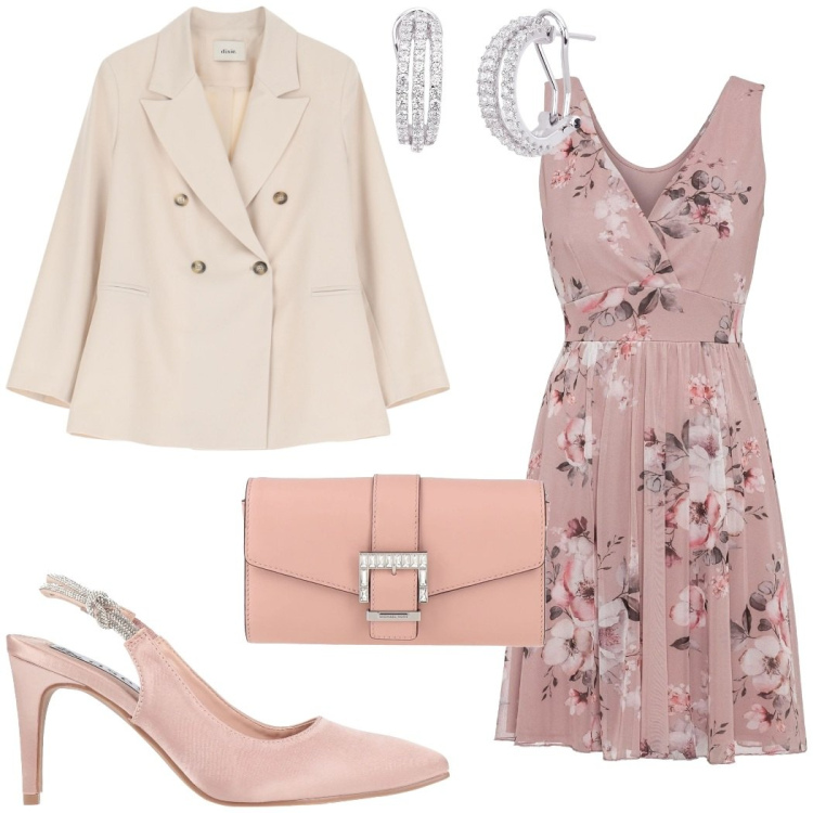 Outfit donna - Cerimonia in primavera. Stile Romantica per Cerimonia. Abbinamento con décolleté, borse a mano, vestiti corti, orecchini, blazer.