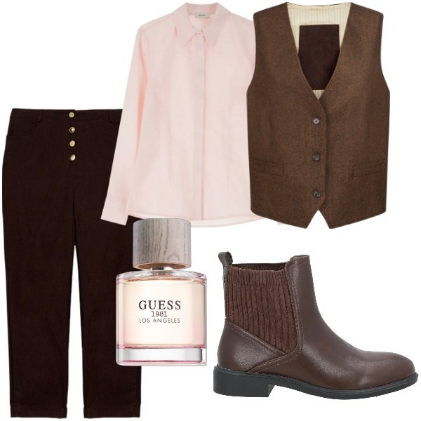 Outfit donna - Total look #2071112. Stile Casual chic per Tutti i giorni. Abbinamento con stivaletti chelsea, profumi, camicie, pantaloni, gilet.