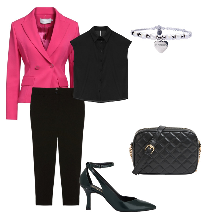 Outfit donna - Ufficio. Stile Glamour per Ufficio. Abbinamento con blazer, borse a tracolla, décolleté, camicie a manica corta, braccialetti, pantaloni.