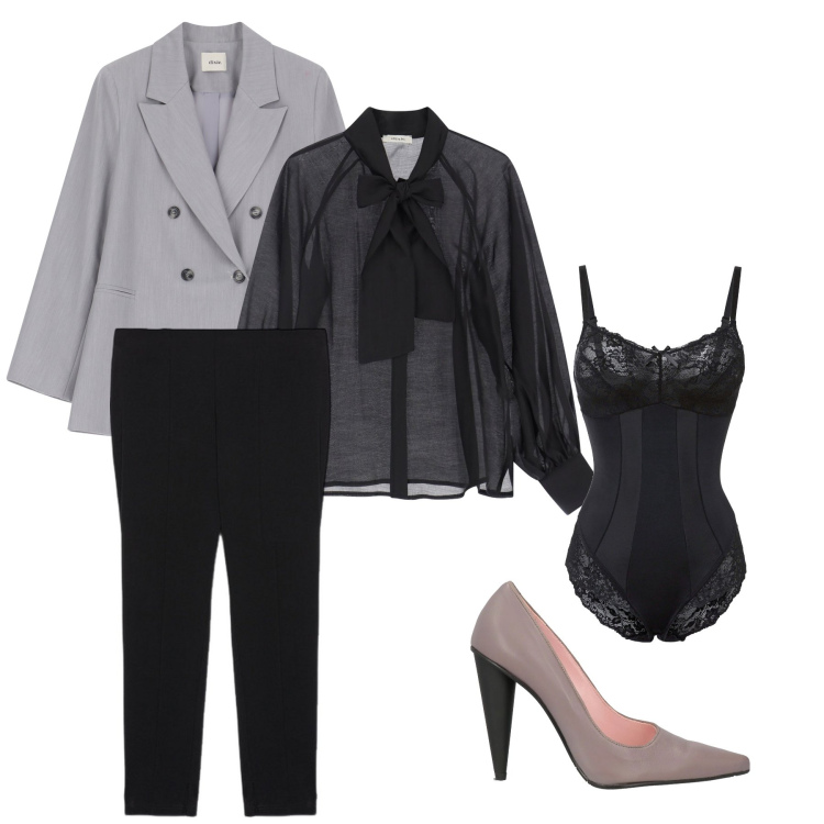 Outfit donna - Primo appuntamento: aperitivo. Stile Glamour per Serata fuori. Abbinamento con body, décolleté, camicie, blazer, pantaloni skinny.