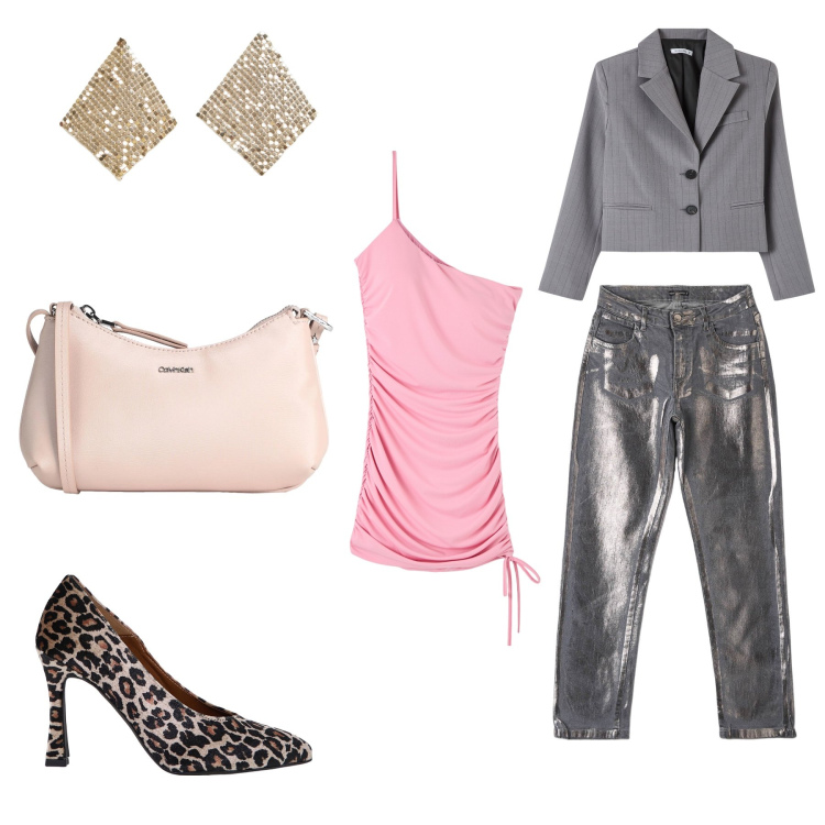 Outfit donna - Giornata shopping a Milano. Stile Casual chic per Tutti i giorni. look ideale per Petite. Abbinamento con borse a tracolla, orecchini, jeans, blazer, vestiti corti, décolleté.