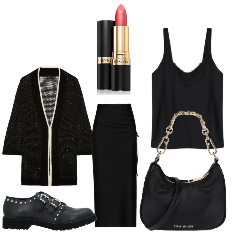 Outfit donna - Serata black. Stile Casual chic per Serata fuori. Abbinamento con mocassini, borse a mano, gonne lunghe, rossetti, cardigans, top.