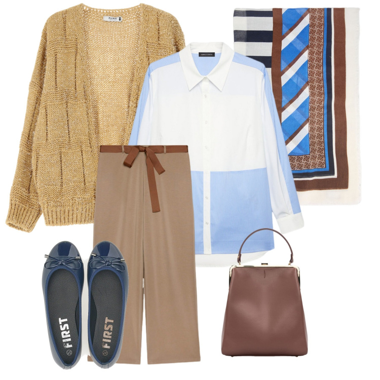 Outfit donna - Total look #2071139. Stile Casual chic per Ufficio. Abbinamento con cardigans, borse a spalla, ballerine, foulard, camicie, pantaloni.