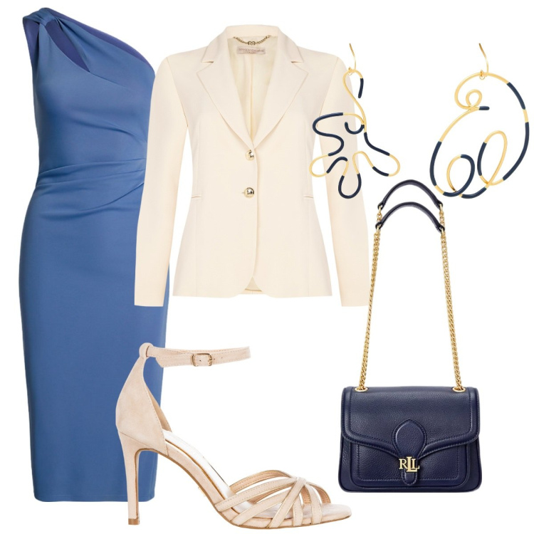 Outfit donna - Abito asimmetrico. Stile Bon Ton per Serata fuori. Abbinamento con orecchini, blazer, sandali col tacco, borse a spalla, vestiti asimmetrici.