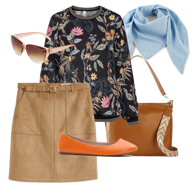 Outfit donna - Total look #2071143. Stile Casual per Tutti i giorni. Abbinamento con gonne, bluse, occhiali da sole, shopping bag, ballerine, foulard.
