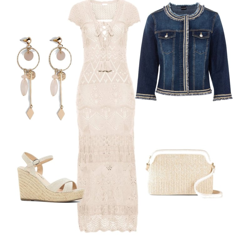 Outfit donna - Romantica. Stile Romantica per Tutti i giorni. Abbinamento con vestiti, blazer, borse a tracolla, orecchini, sandali.