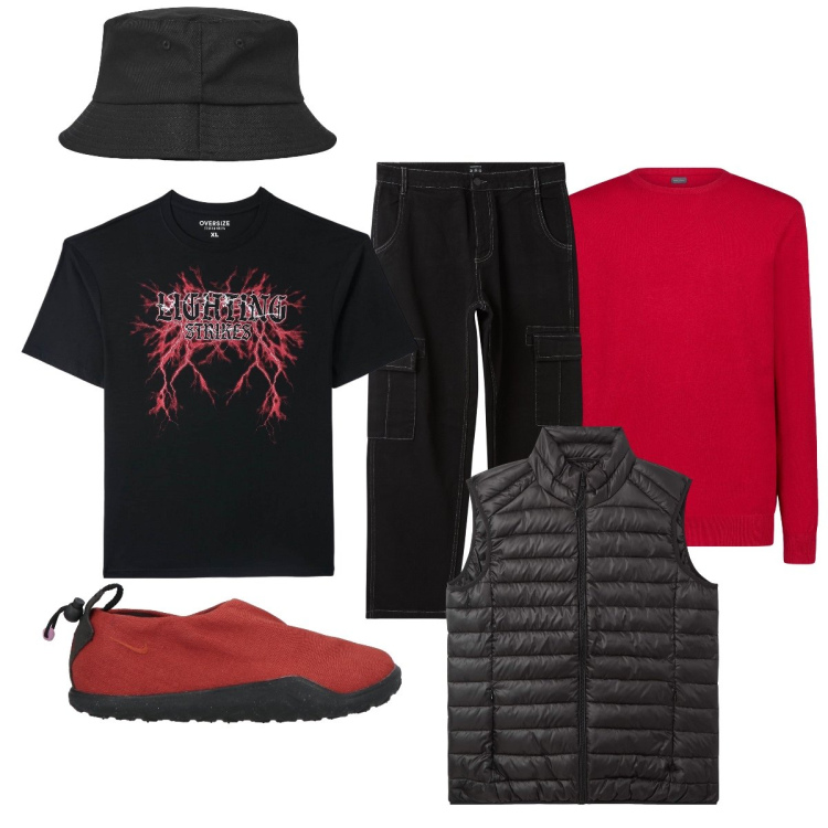 Outfit uomo - Total look #2071155. Stile Casual per Tutti i giorni. Abbinamento con sneakers, piumini, cappelli, t-shirt, pantaloni cargo, maglieria.