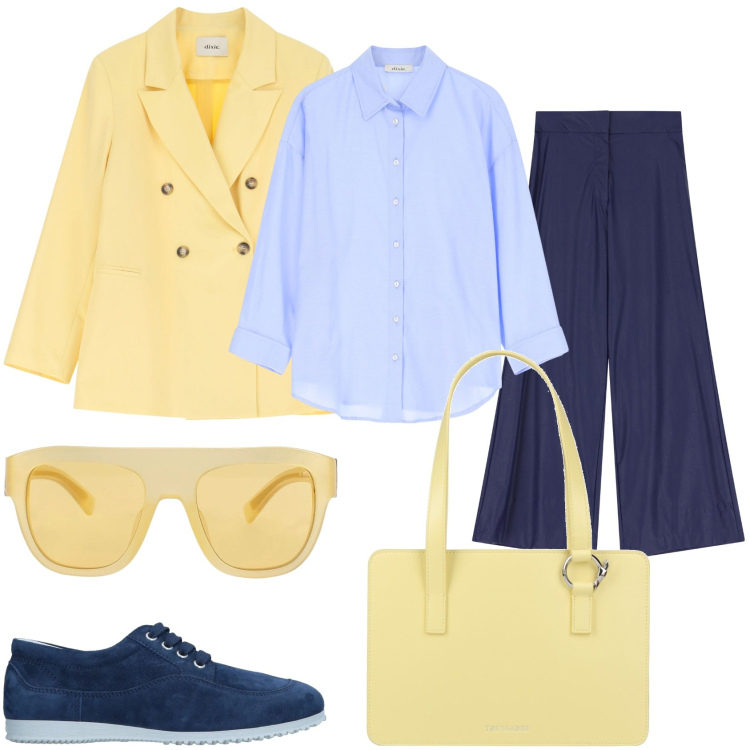 Outfit donna - La giornata in giro. Stile Trendy per Tutti i giorni. Abbinamento con sneakers, occhiali da sole, borse a mano, camicie, pantaloni a palazzo, blazer.
