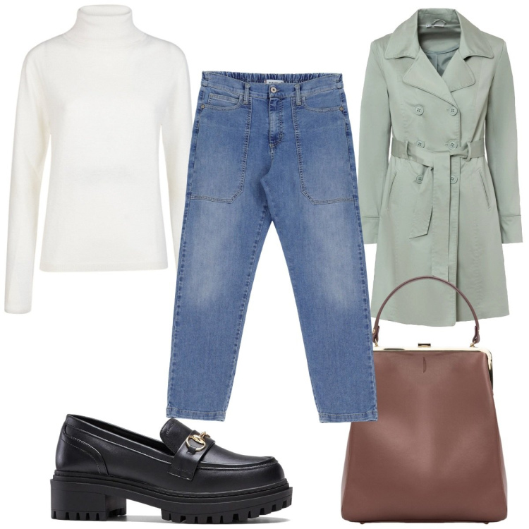 Outfit donna - Total look #2071169. Stile Trendy per Tutti i giorni. Abbinamento con trench, mocassini, jeans, maglieria, borse a spalla.