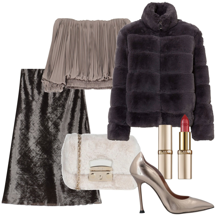 Outfit donna - Il tuo look chic e originale. Stile Chic per Serata fuori. Abbinamento con ecopellicce, borse a tracolla, décolleté, rossetti, top, gonne lunghe.