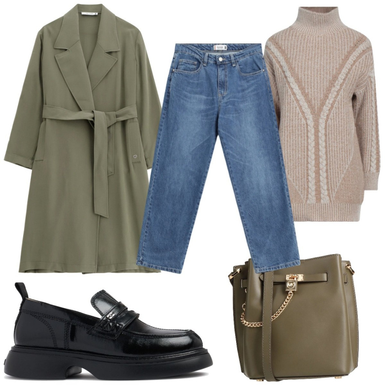 Outfit donna - Total look #2071175. Stile Trendy per Tutti i giorni. Abbinamento con borse a spalla, maglieria, trench, jeans dritti, mocassini.