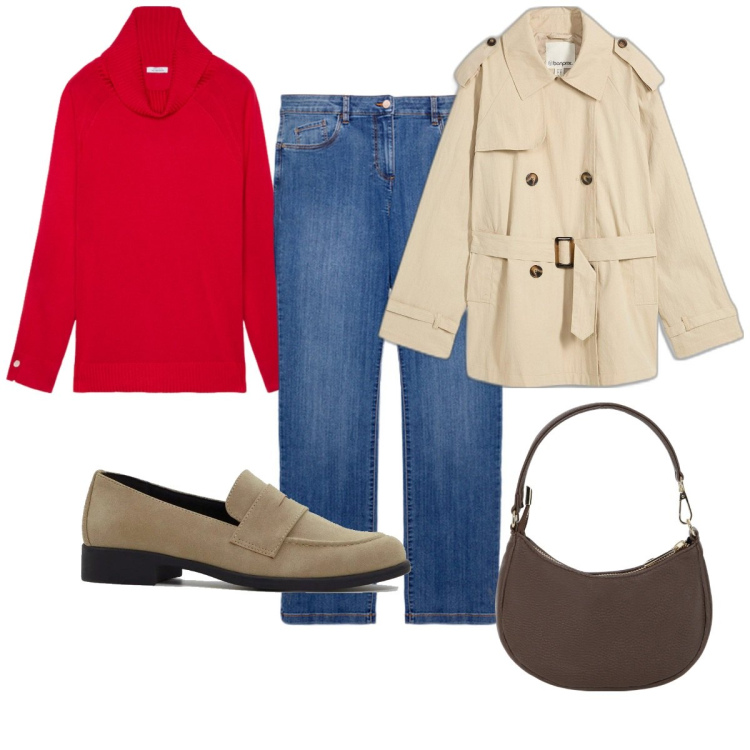 Outfit donna - Total look #2071177. Stile Trendy per Tutti i giorni. Abbinamento con trench, mocassini, borse a spalla, jeans dritti, maglieria.