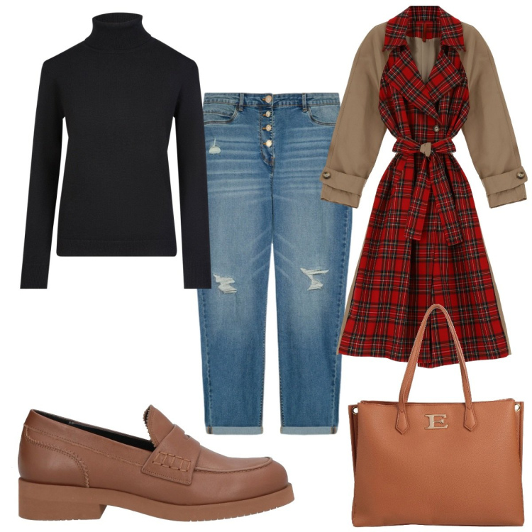 Outfit donna - Total look #2071178. Stile Trendy per Tutti i giorni. Abbinamento con borse a mano, mocassini, trench, jeans strappati, maglieria.