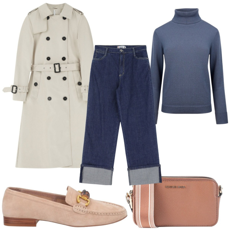 Outfit donna - Total look #2071185. Stile Trendy per Tutti i giorni. Abbinamento con borse a tracolla, mocassini, jeans, trench, maglieria.